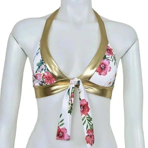 Vintage Y2K Guess Halter Bikini Top  Gold White Pink Floral Size Small - Picture 1 of 7